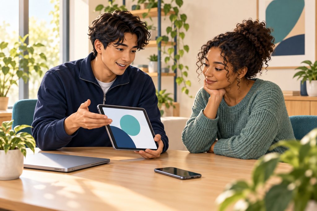 Illustration of two people discussing a tablet at a welcoming technology support table.