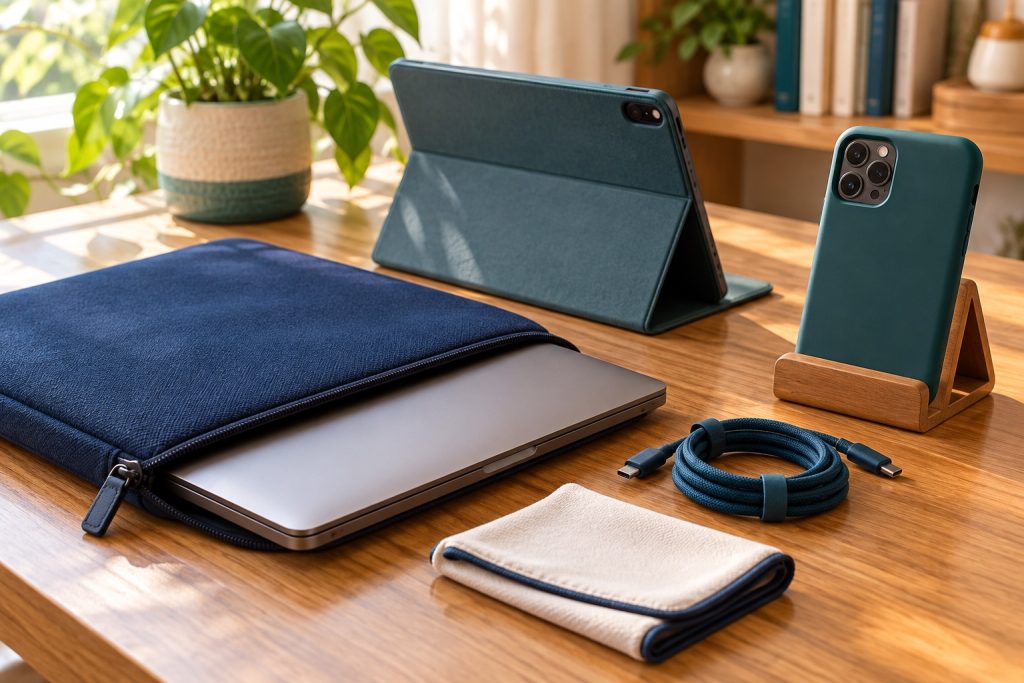 Laptop in a protective sleeve, tablet and phone in cases, coiled cable, and cleaning cloth on a tidy desk.