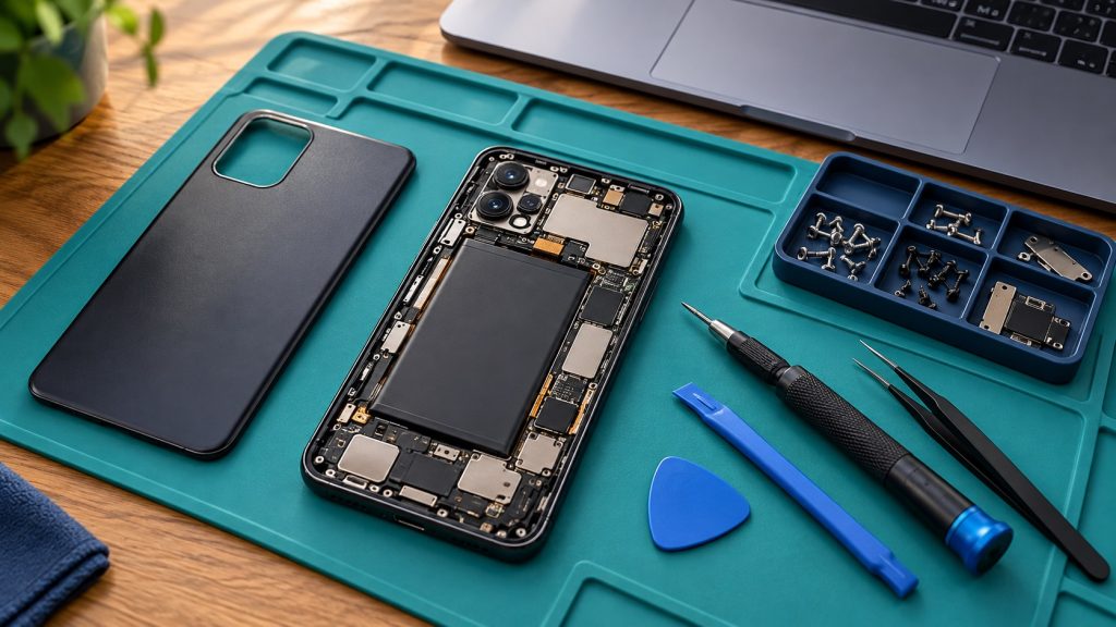 Illustration of an opened smartphone beside precision repair tools on a teal work mat.
