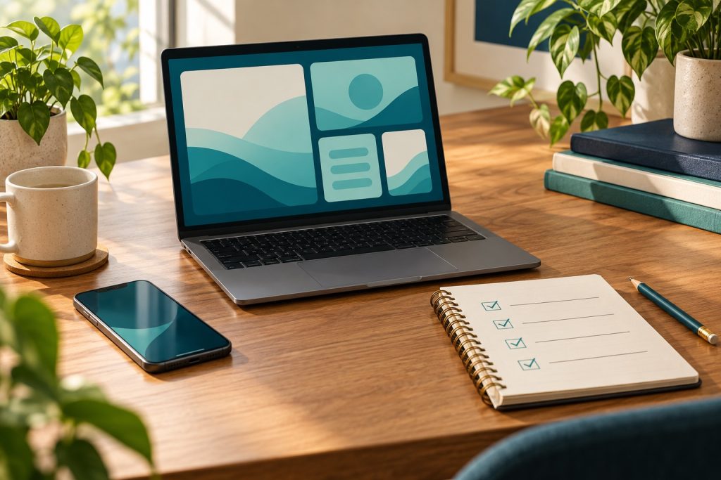 Illustration of a laptop, smartphone, and checklist notebook on a sunlit desk.