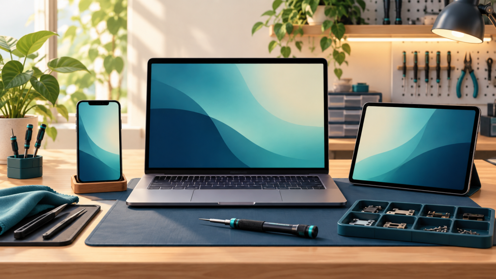 Laptop, smartphone, and tablet on an organized electronics repair workbench.